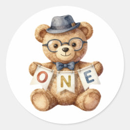 ウォーターカラーのテディベアとONEバナーの誕生日 ラウンドシール