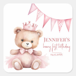 ウォーターカラーのテディベアの女の子の1歳の誕生日のステッカー スクエアシール