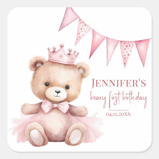 ウォーターカラーのテディベアの女の子の1歳の誕生日のステッカー スクエアシール (正面)