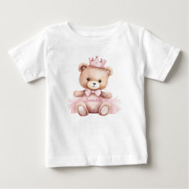 ウォーターカラーのテディベアの女の子 1歳の誕生日 ベビーTシャツ
