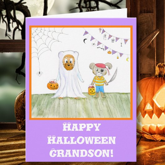ウォーターカラーのテディベア ハッピーハロウィン お孫さんへ カード