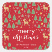 ウォーターカラーのトナカイとクリスマスツリー - スクエアシール (正面)