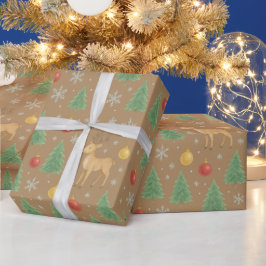 ウォーターカラーのトナカイとクリスマスツリー - ラッピングペーパー
