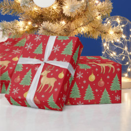 ウォーターカラーのトナカイとクリスマスツリー - ラッピングペーパー
