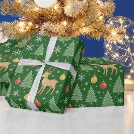 ウォーターカラーのトナカイとクリスマスツリー - ラッピングペーパー