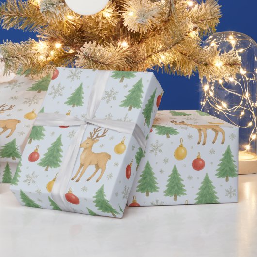 ウォーターカラーのトナカイとクリスマスツリー - ラッピングペーパー (クリスマス)