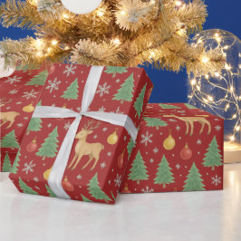 ウォーターカラーのトナカイとクリスマスツリー - ラッピングペーパー