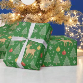 ウォーターカラーのトナカイとクリスマスツリー - ラッピングペーパー
