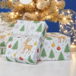 ウォーターカラーのトナカイとクリスマスツリー - ラッピングペーパー