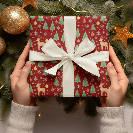 ウォーターカラーのトナカイとクリスマスツリー - ラッピングペーパー