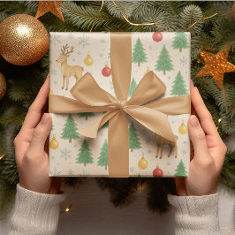 ウォーターカラーのトナカイとクリスマスツリー - ラッピングペーパー