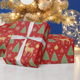 ウォーターカラーのトナカイとクリスマスツリー - ラッピングペーパー