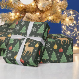 ウォーターカラーのトナカイとクリスマスツリー - ラッピングペーパー