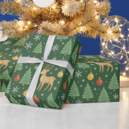 ウォーターカラーのトナカイとクリスマスツリー - ラッピングペーパー
