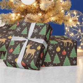 ウォーターカラーのトナカイとクリスマスツリー - ラッピングペーパー