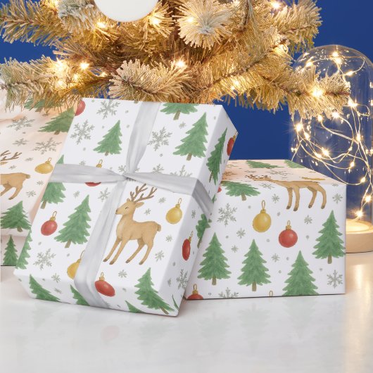 ウォーターカラーのトナカイとクリスマスツリー - ラッピングペーパー (クリスマス)