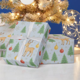 ウォーターカラーのトナカイとクリスマスツリー - ラッピングペーパー