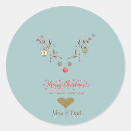 ウォーターカラーのトナカイ クリスマスボール ゴールドハート ラウンドシール