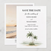 ウォーターカラーのトロピカルパームツリー写真 Save The Date 招待状 (正面/裏面)