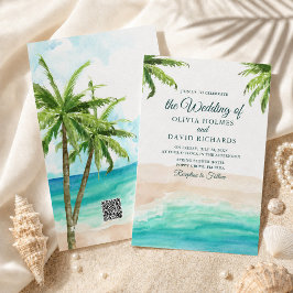ウォーターカラーのトロピカルビーチとQRコードの結婚式 招待状