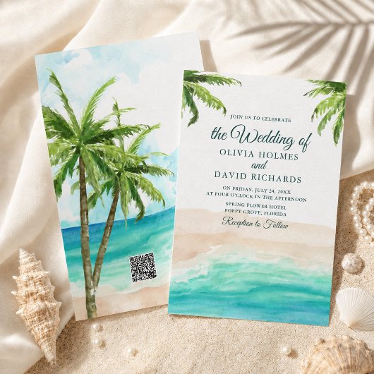 ウォーターカラーのトロピカルビーチとQRコードの結婚式 招待状