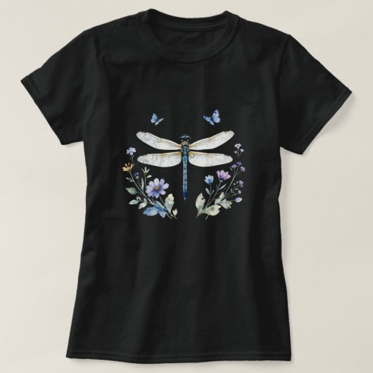 ウォーターカラーのトンボと蝶と野の花のTシャツ Tシャツ (デザイン正面)