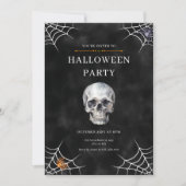 ウォーターカラーのドクロとクモの巣のハロウィン 招待状 (正面)
