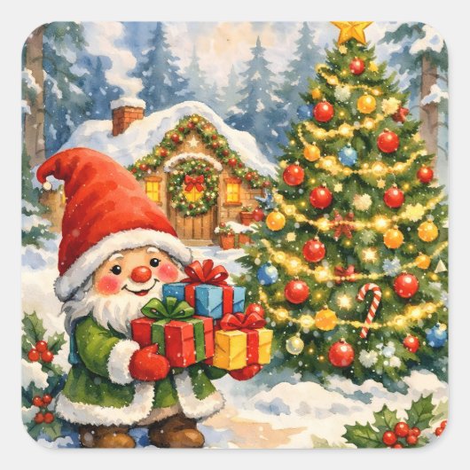 ウォーターカラーのノームとクリスマスツリー スクエアシール (正面)