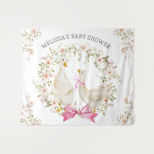 ウォーターカラーのハクチョウのママと女の子 花のベビーシャワー タペストリー (正面(横))