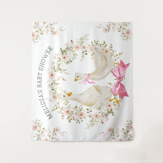 ウォーターカラーのハクチョウのママと女の子 花のベビーシャワー タペストリー (正面)