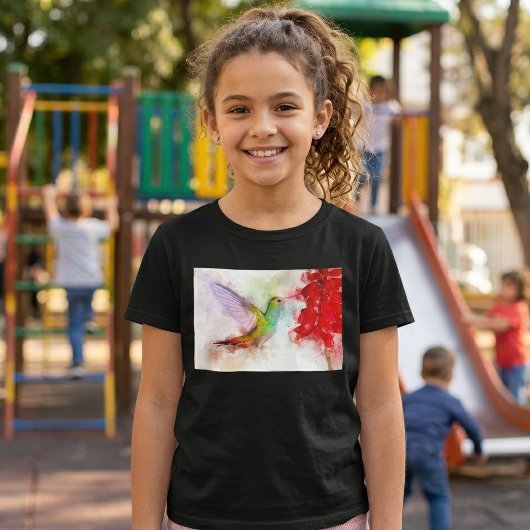 ウォーターカラーのハチドリが赤い花を吸う Tシャツ