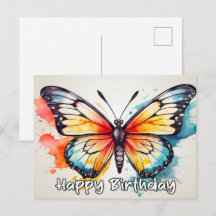 ウォーターカラーのバタフライドゥードルアートの誕生日カード