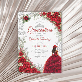 ウォーターカラーのバラのレッドとシルバーのQuinceañera 招待状
