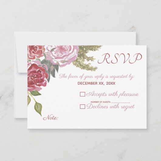 ウォーターカラーのバラの結婚式RSVP 出欠カード (正面)