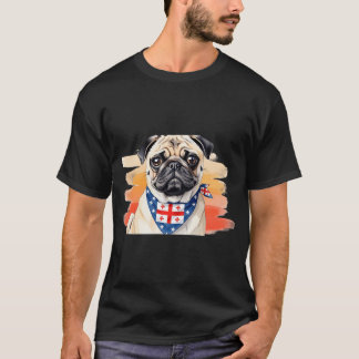 ウォーターカラーのパグとジョージア州バンダナ Tシャツ