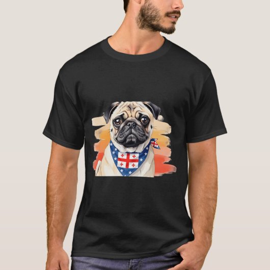ウォーターカラーのパグとジョージア州バンダナ Tシャツ (正面)