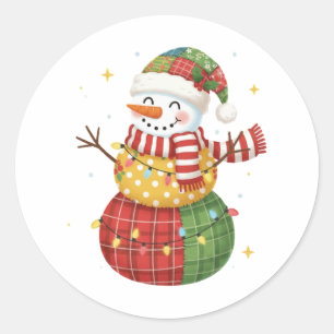 ウォーターカラーのパッチワーク・スノーマンクリスマス ラウンドシール