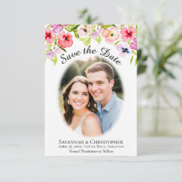 ウォーターカラーのパンジーと野の花の結婚式フォト セーブザデート