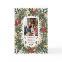 ウォーターカラーのヒイラギの実のリースの写真のクリスマスカード