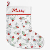 ウォーターカラーのヒイラギの葉と赤い実 ラージクリスマスストッキング (正面)