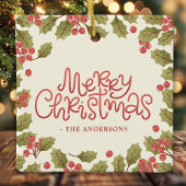 ウォーターカラーのヒイラギの葉のクリスマス セラミックオーナメント