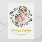 ウォーターカラーのヒイラギの葉のリースの写真 クリスマス 箔シーズンカード (正面)