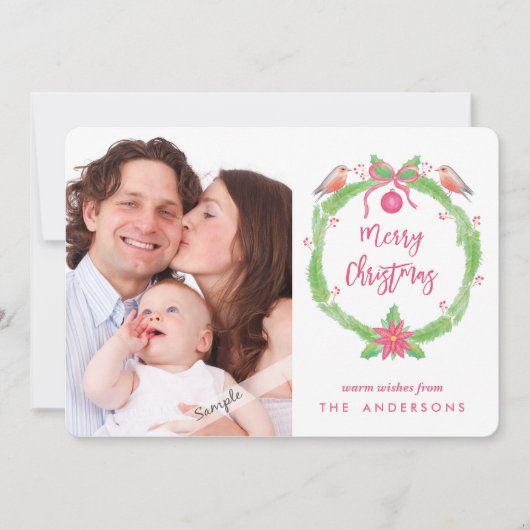ウォーターカラーのヒイラギリース "Merry Christmas + 写真 シーズンカード (正面)
