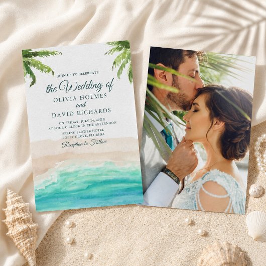 ウォーターカラーのビーチとヤシの木の写真の結婚式 招待状