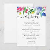 ウォーターカラーのピンクとブルーの花柄ガーデンウェディング メニュー (正面/裏面)