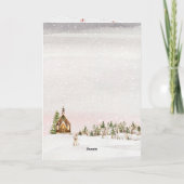 ウォーターカラーのピンクのコテージの暖炉のクリスマス シーズンカード (裏面)