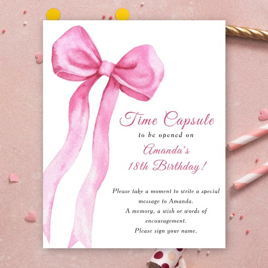 ウォーターカラーのピンクのリボンのタイムカプセル 1歳の誕生日 ポスター