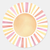 ウォーターカラーのピンクの太陽 ラウンドシール (正面)