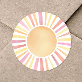 ウォーターカラーのピンクの太陽 ラウンドシール