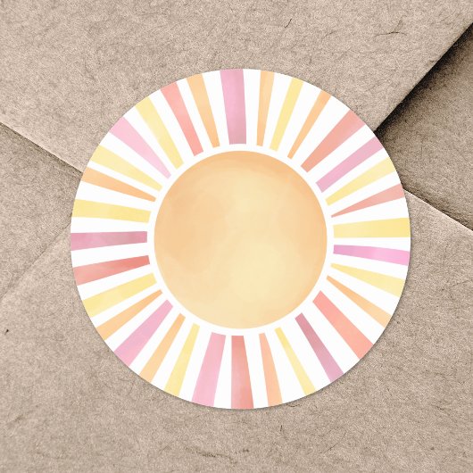 ウォーターカラーのピンクの太陽 ラウンドシール